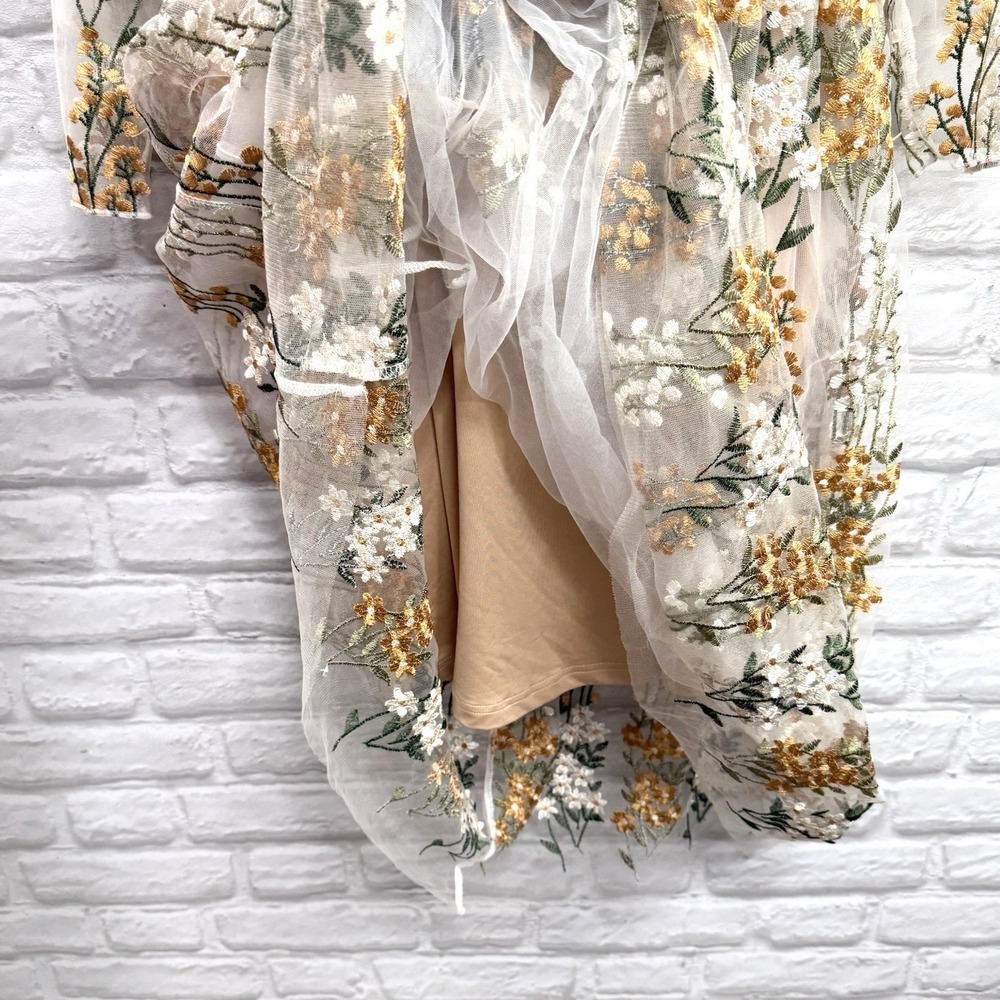 Vtg Metisu Embroidered Dress Sz XL Beige Floral Fairy Cottage Core Boho Feminine - Picture 6 of 16